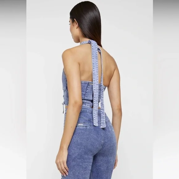 Maniere De Voir denim crossover halter top - Picture 2 of 3